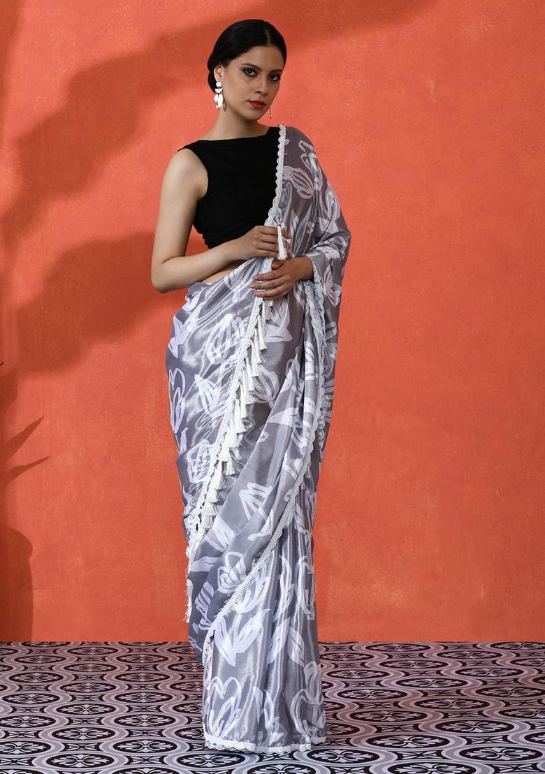 Grey Floral Print Chinon Saree Set - Indya