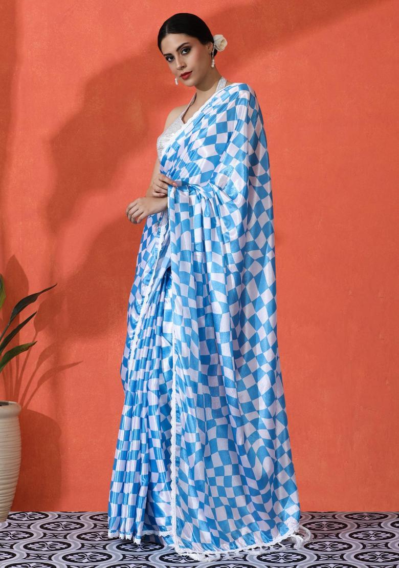 Blue Checked Chinon Saree Set - Indya