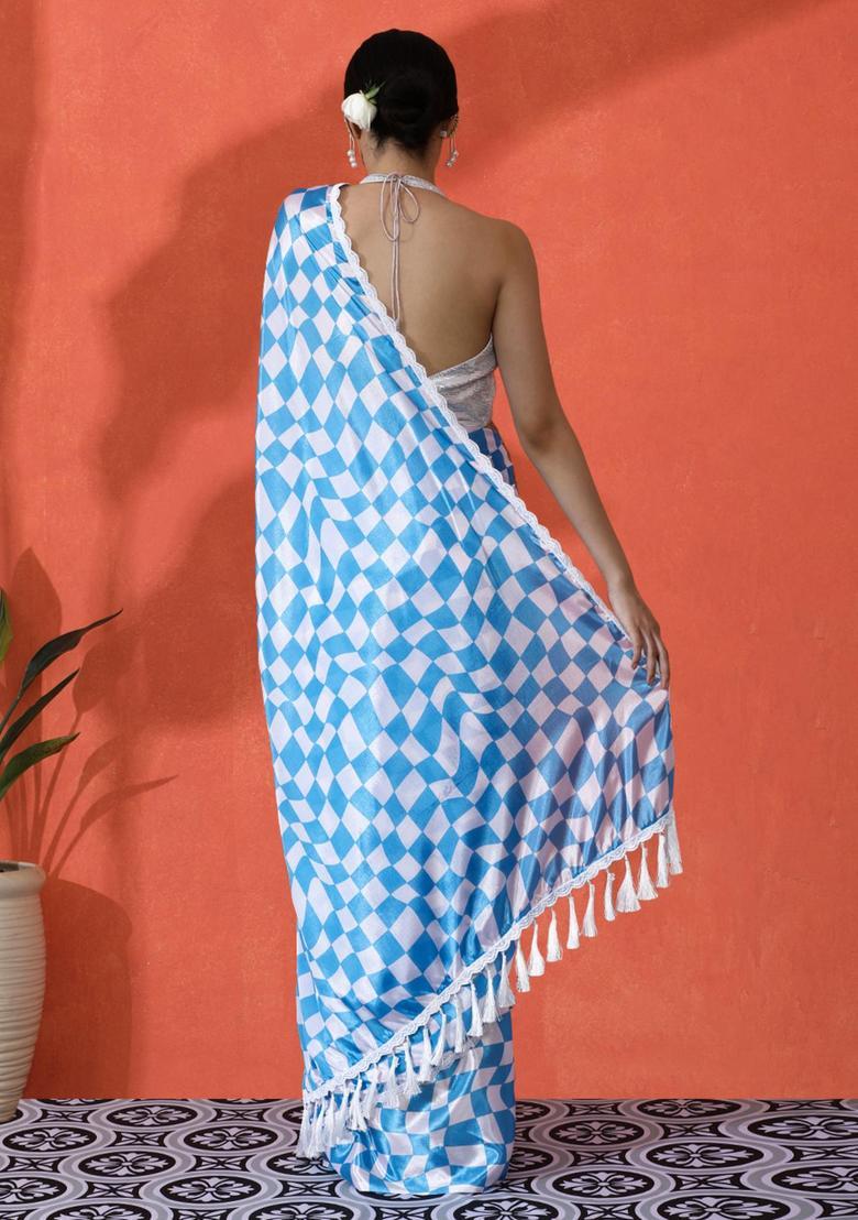 Blue Checked Chinon Saree Set - Indya