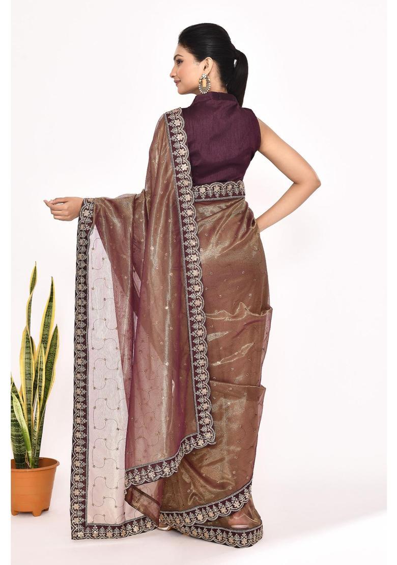 Brown Embroidered Organza Saree Set - Indya