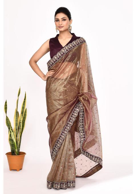 Brown Embroidered Organza Saree Set