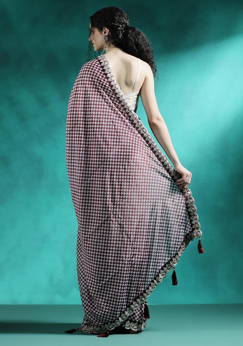 Purple Printed Georgette Saree Set - Indya