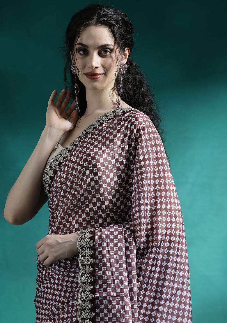Purple Printed Georgette Saree Set - Indya
