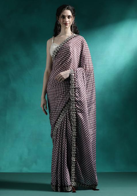 Purple Printed Georgette Saree Set