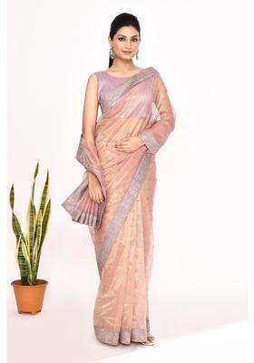 Peach Embroidered Organza Saree Set