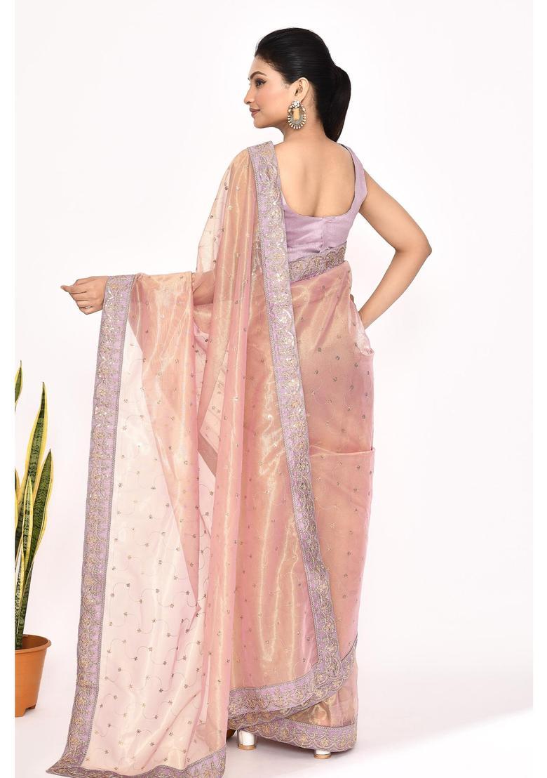 Peach Embroidered Organza Saree Set - Indya