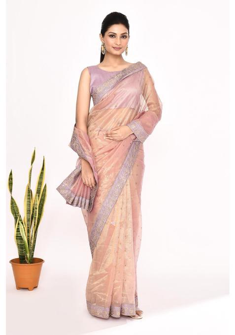 Peach Embroidered Organza Saree Set