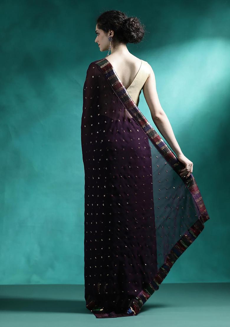 Deep Black Embroidered Georgette Saree Set - Indya