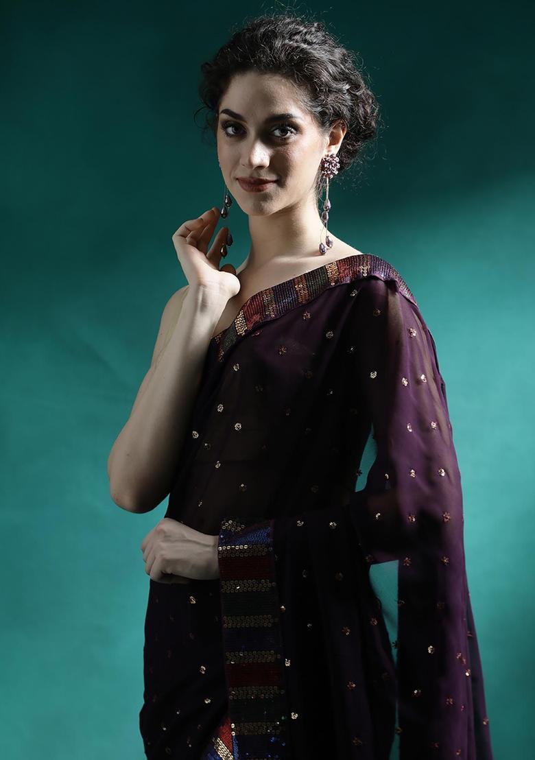 Deep Black Embroidered Georgette Saree Set - Indya