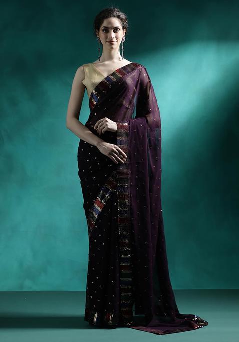 Deep Black Embroidered Georgette Saree Set