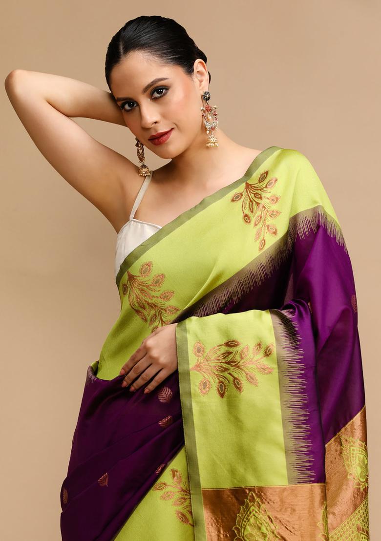 Purple Woven Jacquard Saree Set - Indya