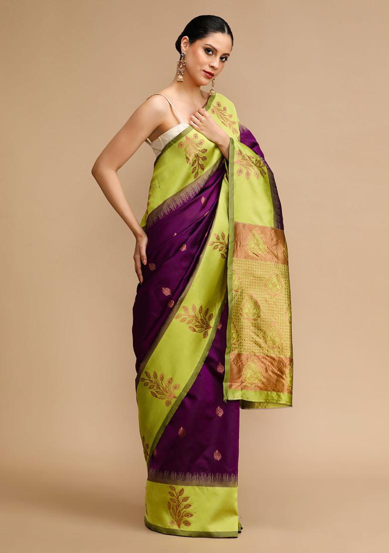 Purple Woven Jacquard Saree Set - Indya