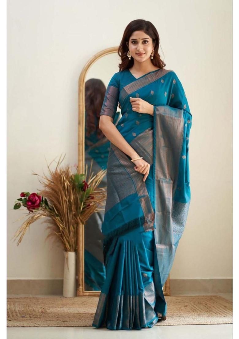 Blue Printed Jacquard Saree Set - Indya