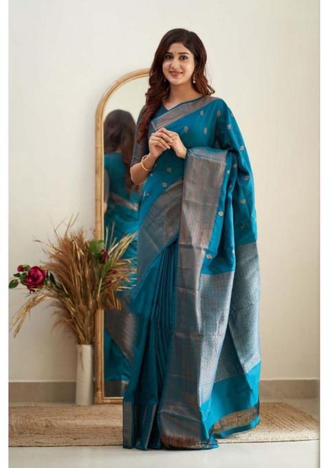 Blue Printed Jacquard Saree Set