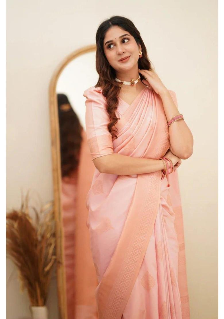 Peach Printed Jacquard Saree Set - Indya