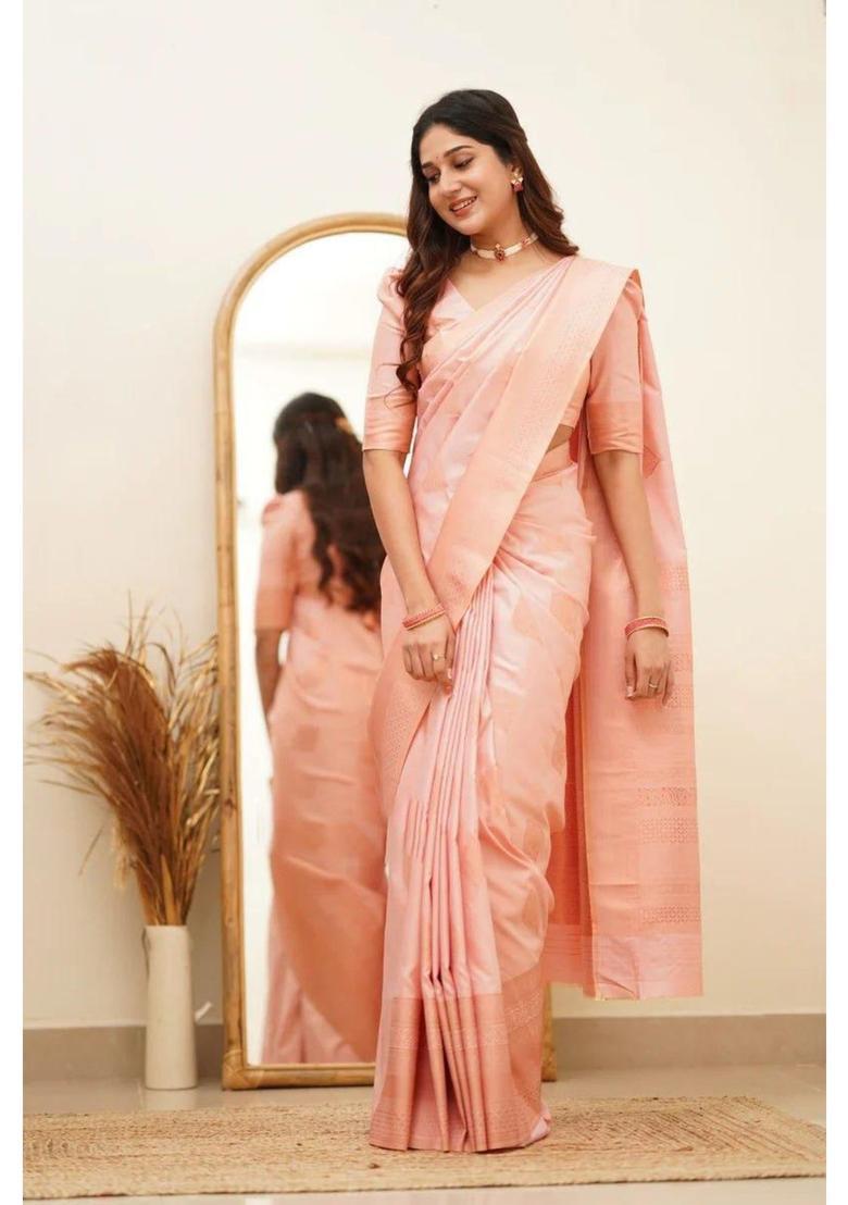 Peach Printed Jacquard Saree Set - Indya