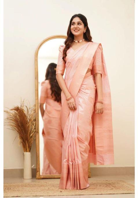 Peach Printed Jacquard Saree Set