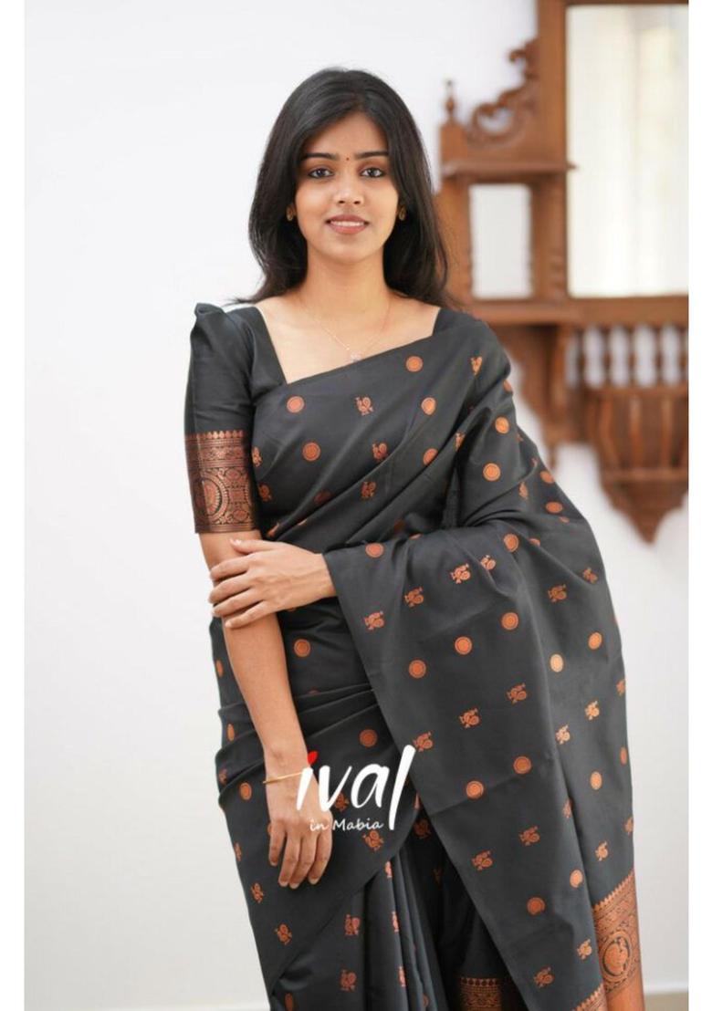 Black Woven Silk Blend Saree Set - Indya