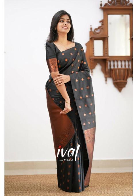 Black Woven Silk Saree Set
