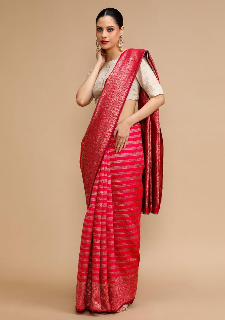 Pink Woven Jacquard Saree Set - Indya