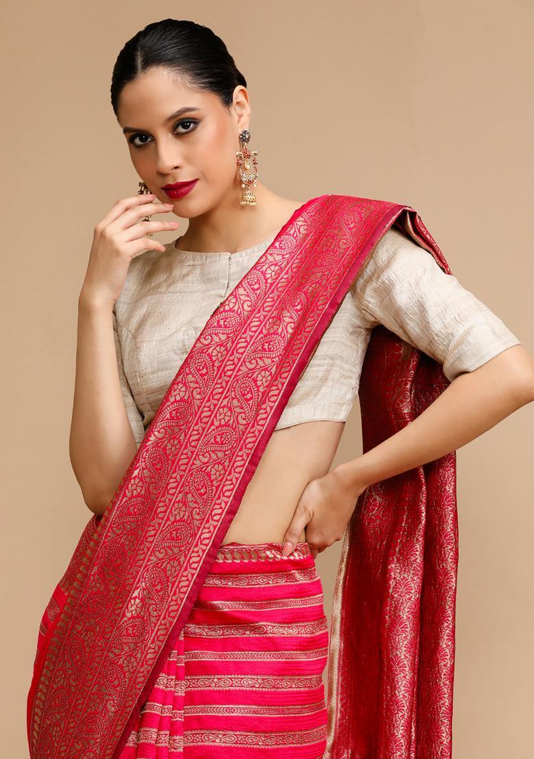 Pink Woven Jacquard Saree Set - Indya