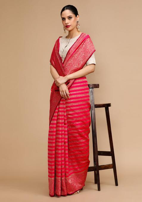 Pink Woven Jacquard Saree Set