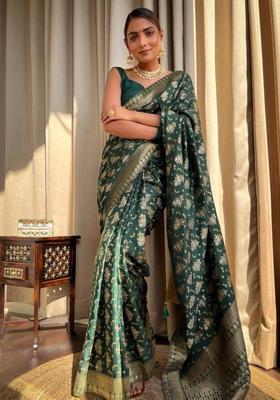 Green Printed Jacquard Saree Set