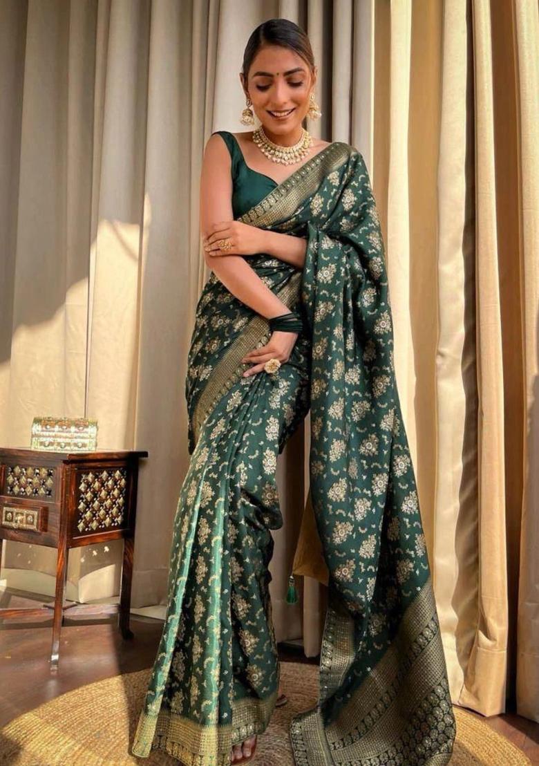 Green Printed Jacquard Saree Set - Indya