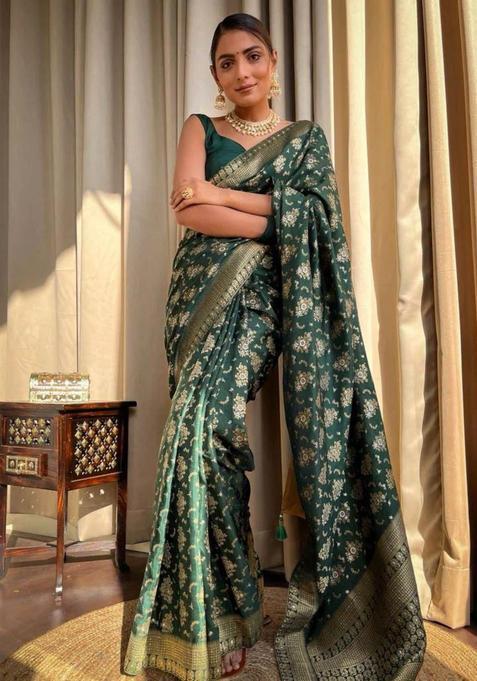 Green Printed Jacquard Saree Set