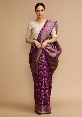 Purple Woven Jacquard Saree Set