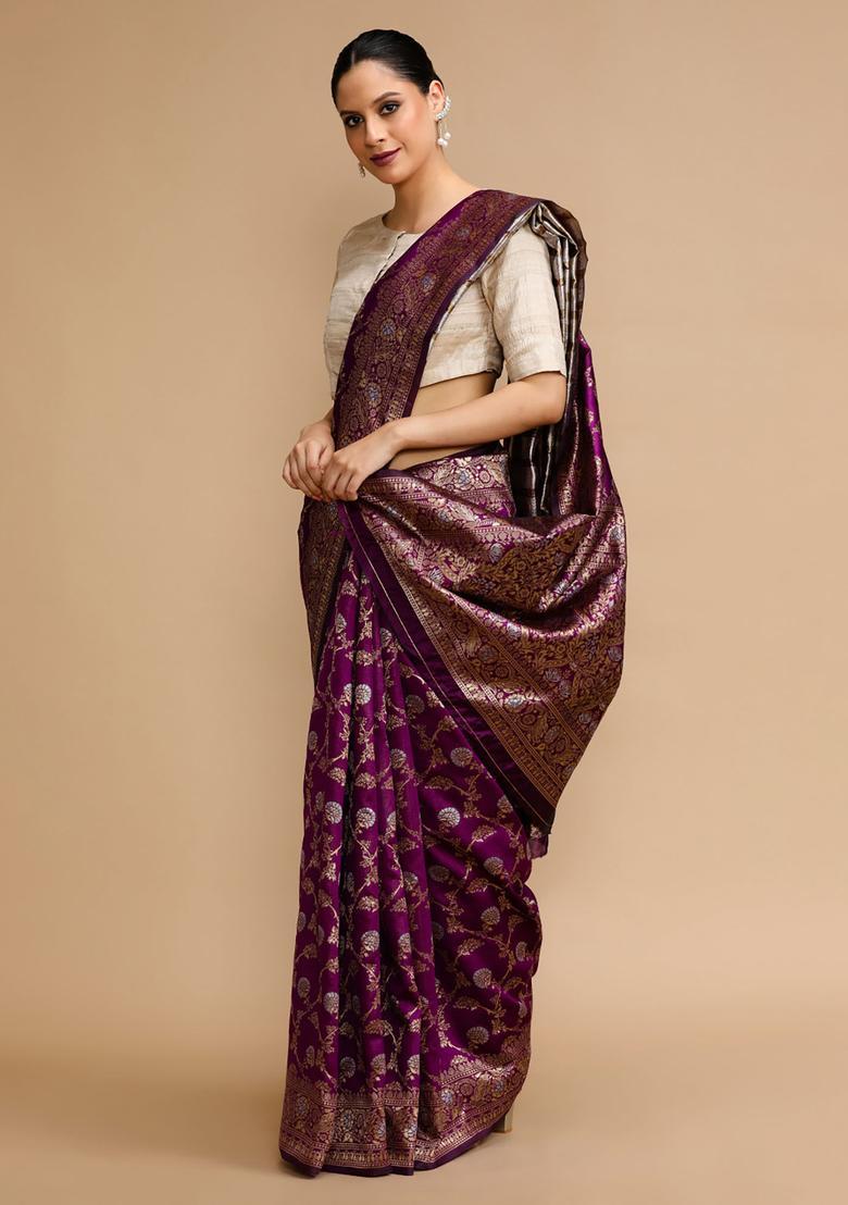 Purple Woven Jacquard Saree Set - Indya