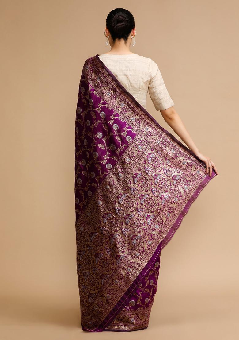 Purple Woven Jacquard Saree Set - Indya