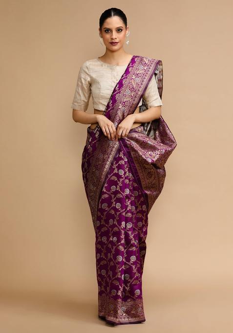 Purple Woven Jacquard Saree Set