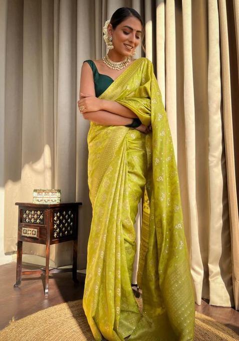 Yellow Woven Jacquard Saree Set