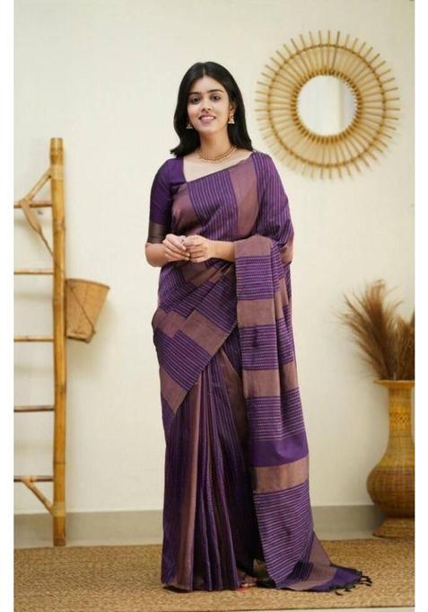 Purple Woven Silk Blend Saree Set