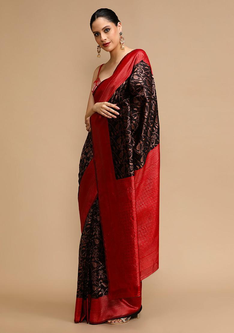 Black Woven Jacquard Saree Set - Indya