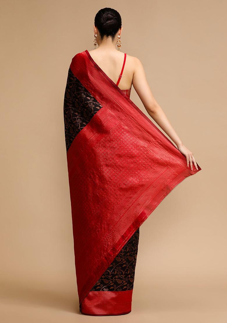 Black Woven Jacquard Saree Set - Indya
