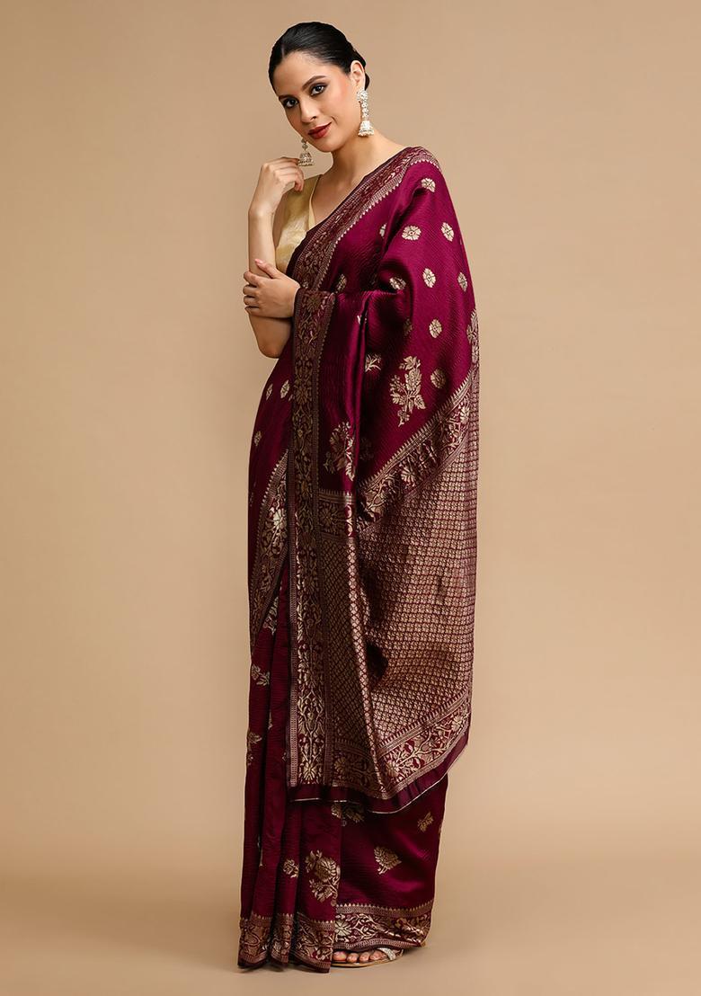 Wine Woven Jacquard Saree Set - Indya