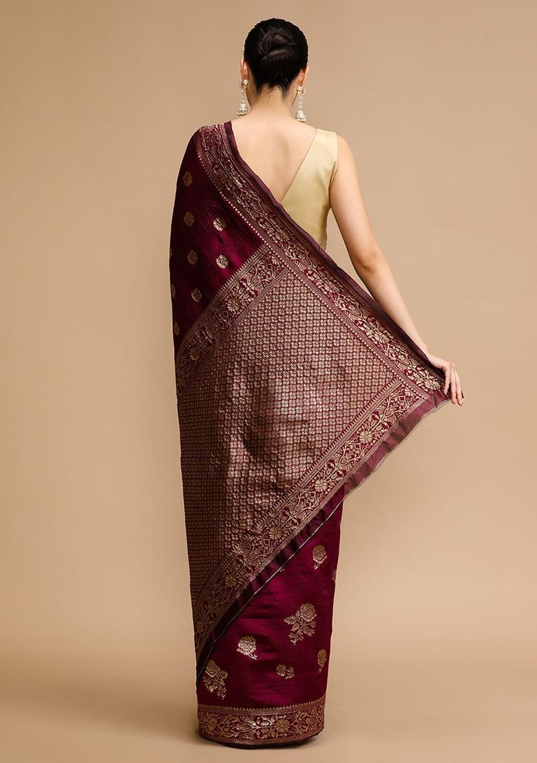 Wine Woven Jacquard Saree Set - Indya