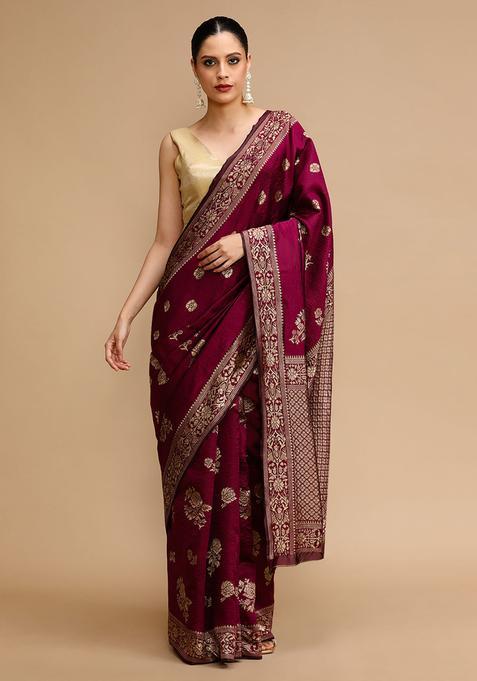 Wine Woven Jacquard Saree Set