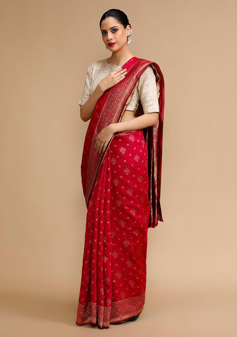Pink Woven Jacquard Saree Set - Indya