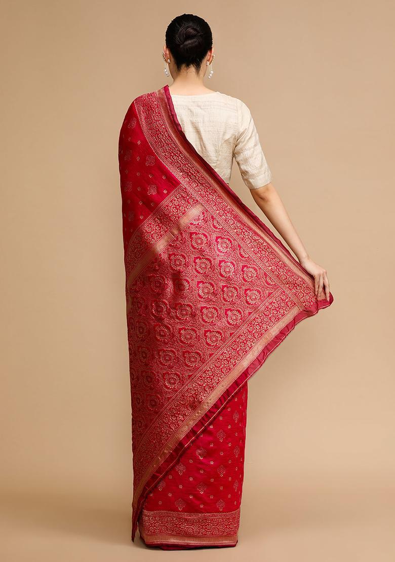 Pink Woven Jacquard Saree Set - Indya