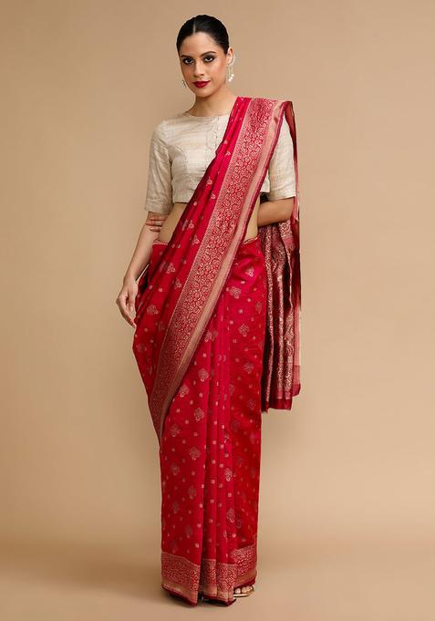Pink Woven Jacquard Saree Set