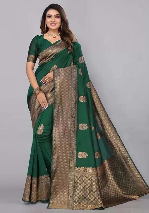 Green Woven Silk Blend Saree Set