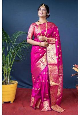 Pink Printed Jacquard Saree Set