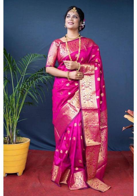 Pink Printed Jacquard Saree Set