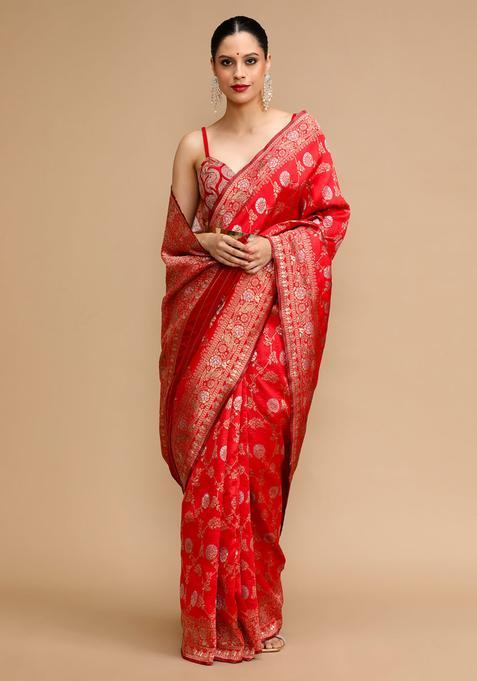 Red Woven Jacquard Saree Set