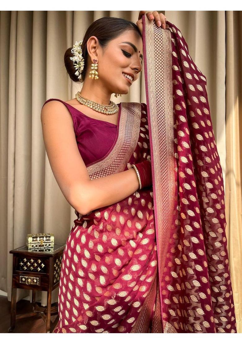 Maroon Woven Jacquard Saree Set - Indya