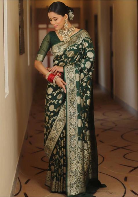 Green Woven Jacquard Saree Set