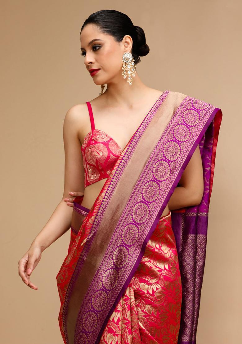 Pink Woven Jacquard Saree Set - Indya